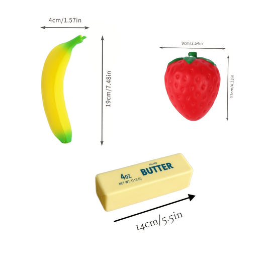 Pretend Play Simulation Food - Butter+ Banana+ Strawberry Squishy Set, Squishy Fun | Multiple Colors - Food Sensory Squeeze | Slow Rising Squishy Squeeze Toy | Perfect As A Summer Cart Decoration | Office Stress Relief Toy | Christmas Gift | Classr