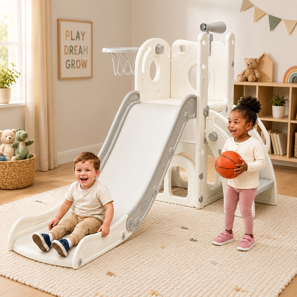 Toddler Slide Kids Climber Slides Baby Slider for Toddler, L Shaped Indoor Outdoor Playground Playset with Basketball Hoop, Storage, Telescope Toy Easy Assembly Gift for Boys And Girls