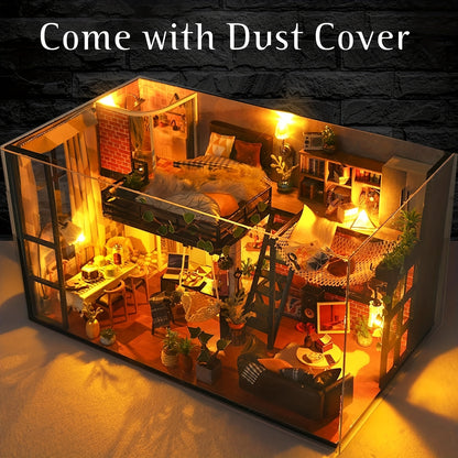 Handmade 3D Puzzle Dollhouse Set with Protective Cover - Charming Interior Design, Perfect for Home Decoration & Holiday Presents - Glue & Batteries Not Provided, Miniature Dollhouse Additions