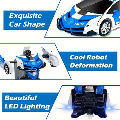 2-in-1 Transform RC Car Robot with One-Button Deformation, 360° Drift, LED Lights & USB Rechargeable Battery – 1:18 Scale 2.4GHz Remote Control Toy for Kids Ages 3+, Birthday Gift (Police/Spider)