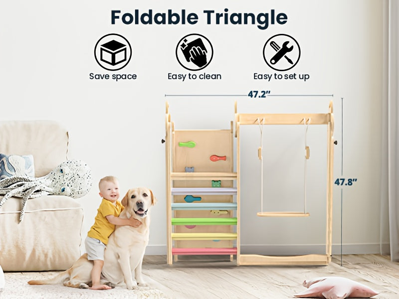 5-in-1 Foldable Indoor Jungle Gym for Toddlers Wooden Climbing Set with Slide, Swing, Ladder, Toddler Playground Playset for Kids 708.66inch+, Cognitive Development, Coordination (Rainbow, Blue).