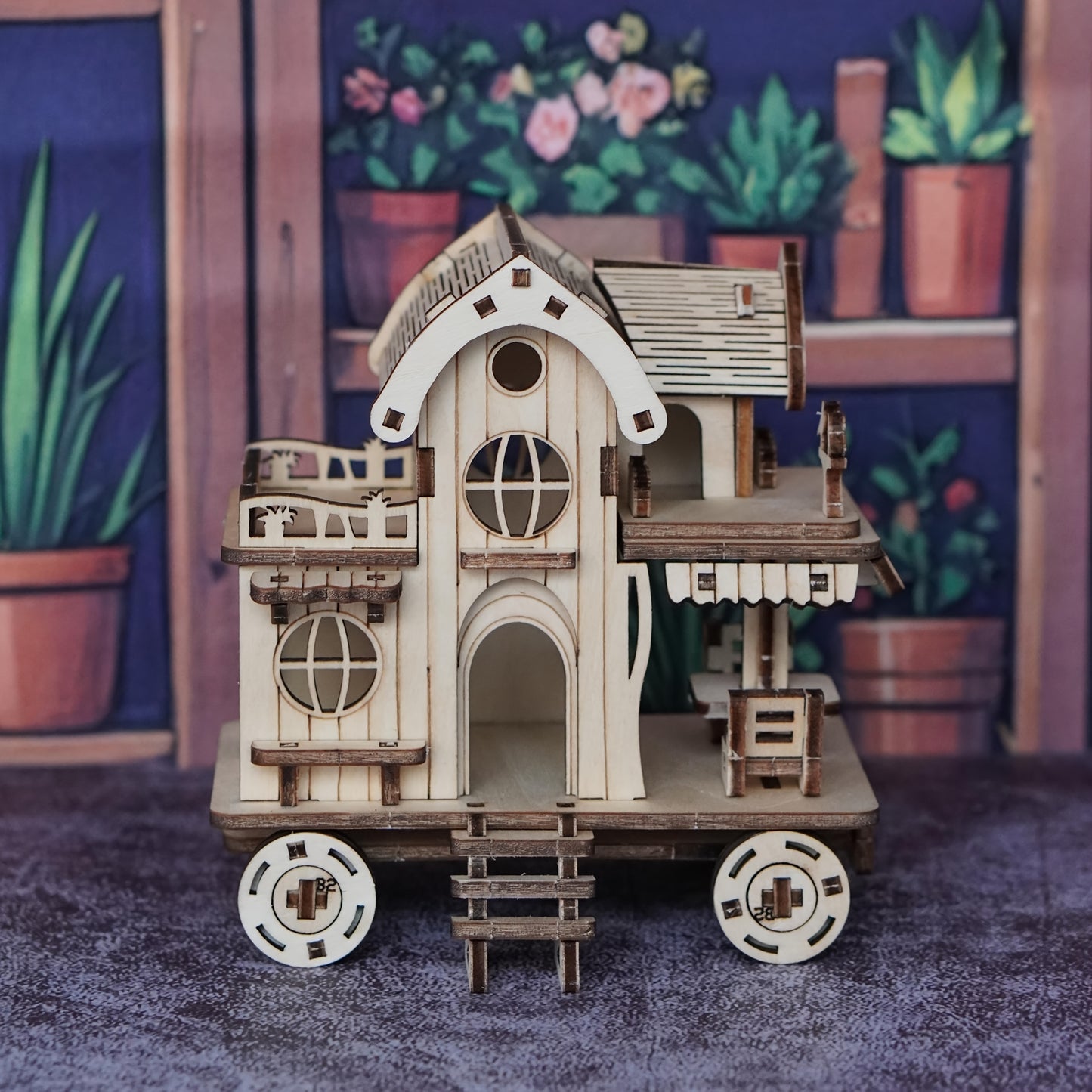 A 3D Wooden Puzzle of a Villa, Featuring a Mobile House on Wheels, Designed As a Model of a Wooden Café Bar. These Handcrafted Wooden Assembly Blocks Make an Ideal Gift for Loved Ones