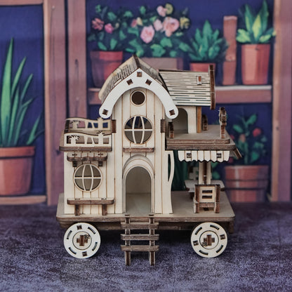 A 3D Wooden Puzzle of a Villa, Featuring a Mobile House on Wheels, Designed As a Model of a Wooden Café Bar. These Handcrafted Wooden Assembly Blocks Make an Ideal Gift for Loved Ones