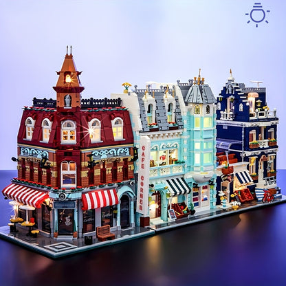 Modular City Street Building Blocks Set – European Architecture Scene with Grocery Store & Market Street, 3-Level Mini Brick Model, Creative Assembly Toy for Adults & Teens, Home Decor Display