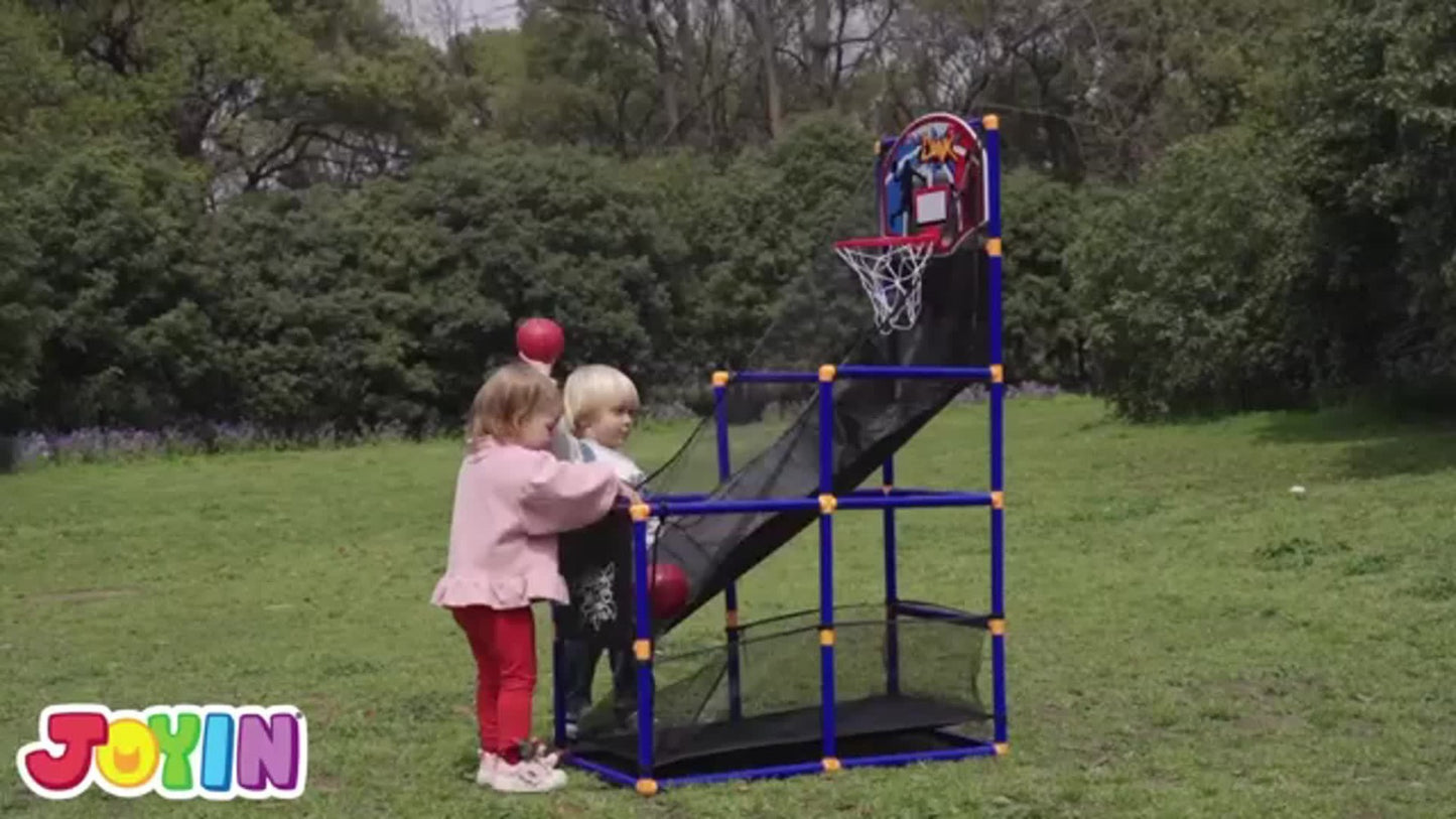 Kids Adjustable Basketball Hoop Set Arcade-Style Stand 4 Balls Air Pump 55 Inch Height Indoor Outdoor Sport Play Birthday Christmas Gift Boys Girls Ages 3+ Multicolor Red Blue