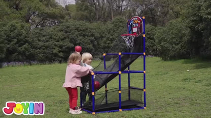Kids Adjustable Basketball Hoop Set Arcade-Style Stand 4 Balls Air Pump 55 Inch Height Indoor Outdoor Sport Play Birthday Christmas Gift Boys Girls Ages 3+ Multicolor Red Blue