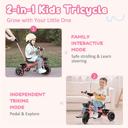 Tricycles For 18 - 60 Months, Toddler Bike, Birthday Gift And Toy For Boys And Girls, Toddler Tricycle With Parent Push Handle, Trike With Backrest And Safety Belt, Pink, For Day