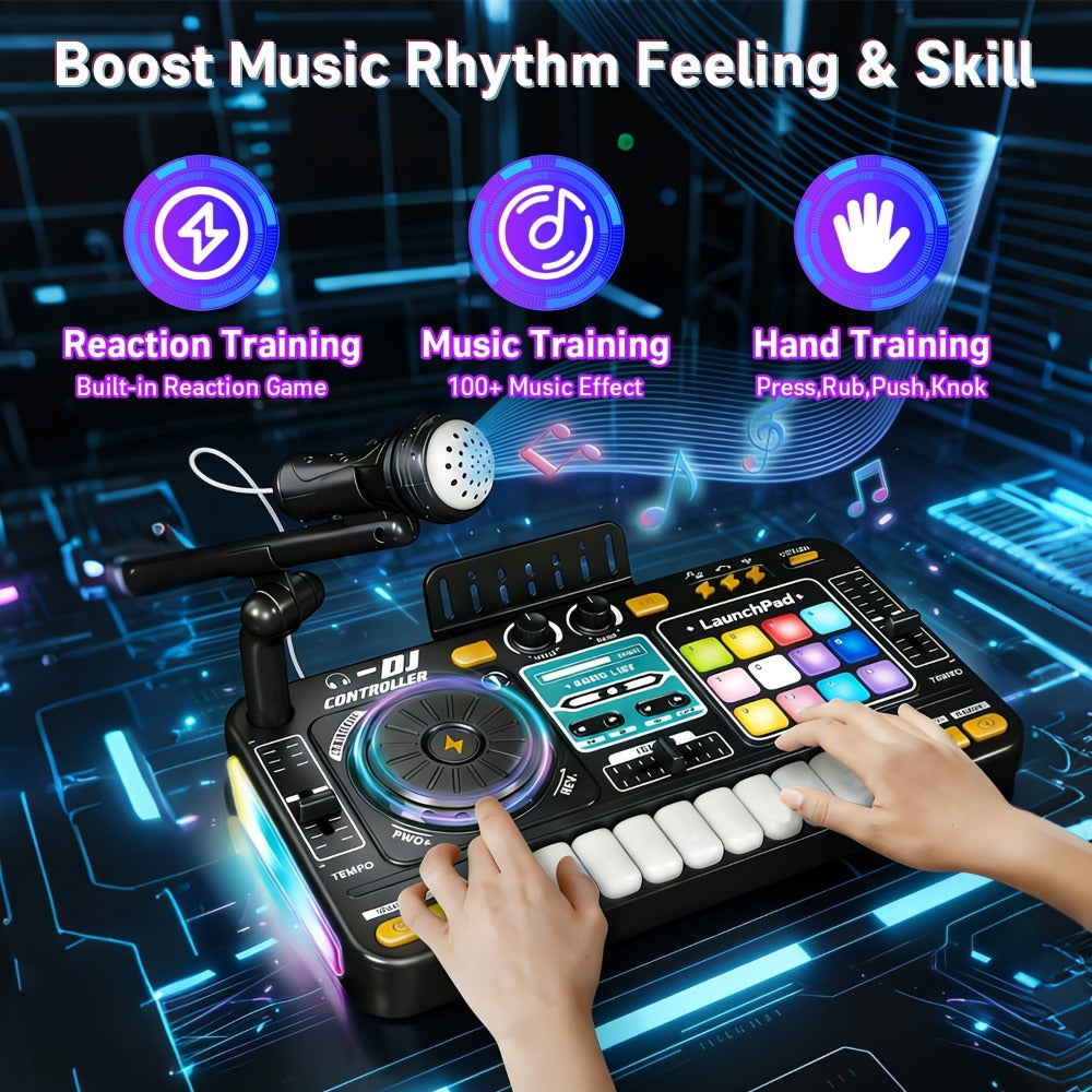 Children's Multi-functional DJ Mixing Controller Set Toy, with LED Lights, Sound Effects, Microphone, And Piano DJ Keyboard Instrument. An Interactive Music Toy for Children, Featuring Over 100 Sound Effects, Piano Keys, Disco Mode, And Rechargeable
