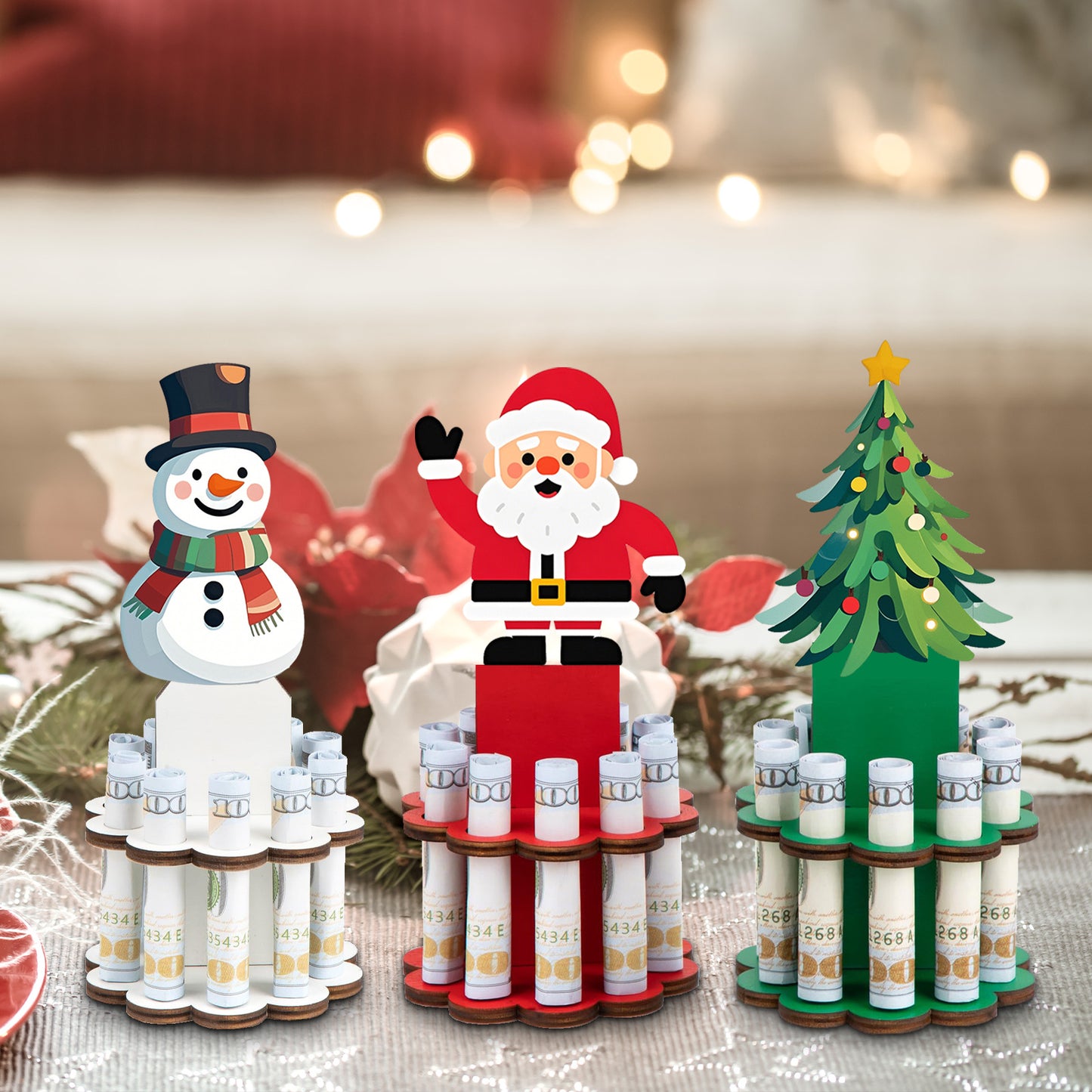 3SET Christmas Money Holder, Wooden Money Holders, Christmas Ornament Money Holder with 10 Holes, Money Dispenser Christmas Money Tree Table Decor for Winter Holiday Party Favors Supplies