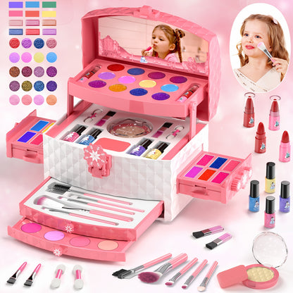 58pcs Kids Makeup Set for Girls Ages 3-12 Non Toxic Washable Pretend Play Makeup Kit with Brushes and Case, Real Little Girl Toys Birthday Christmas Gift