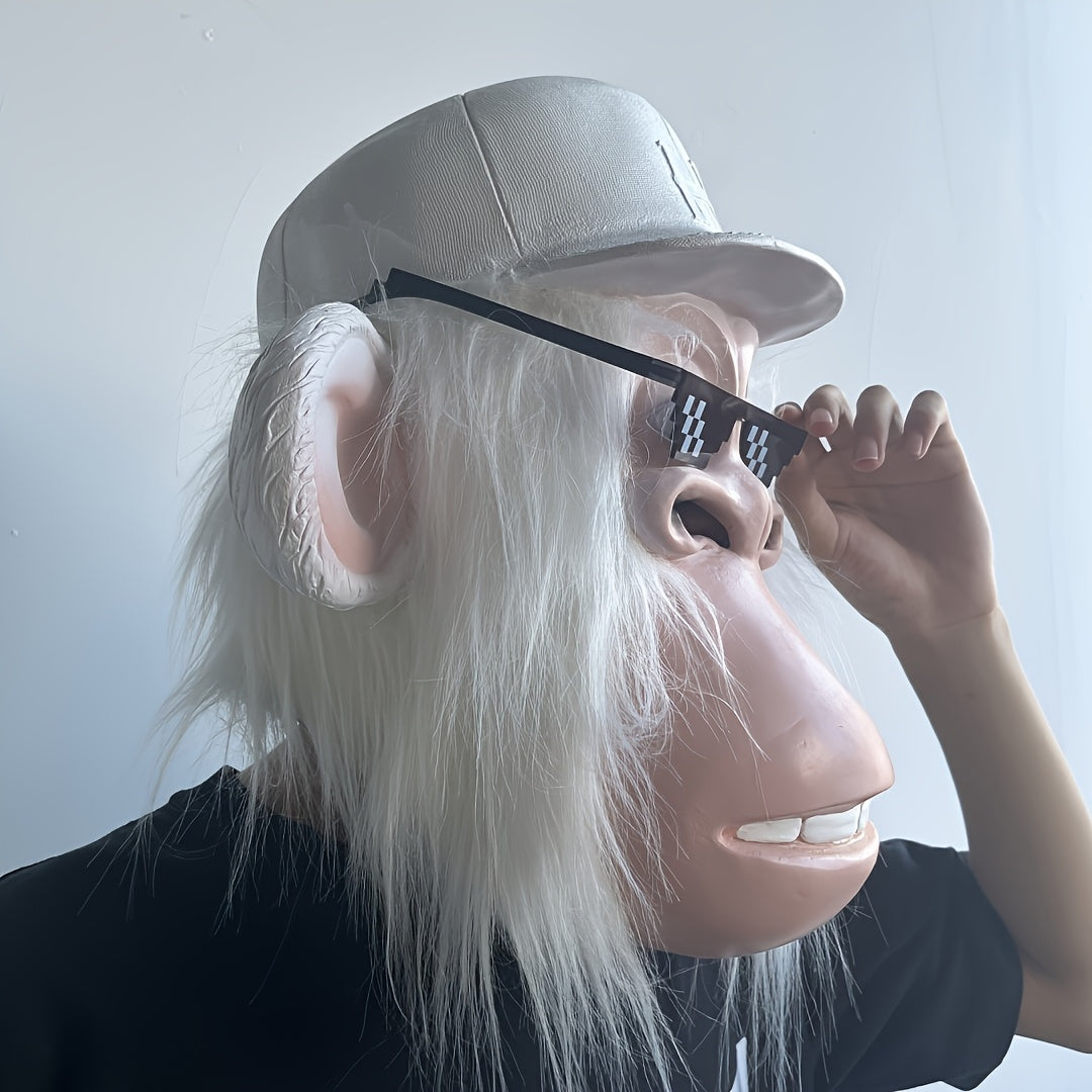 [Halloween] 1pc Funny Plush Monkey Mask - Cute Cartoon Animal Costume with White Hair, Fashion Glasses & Hat - Soft Latex Full Head Design for Halloween Parties, Role-Playing - One Size Fits Most Adults