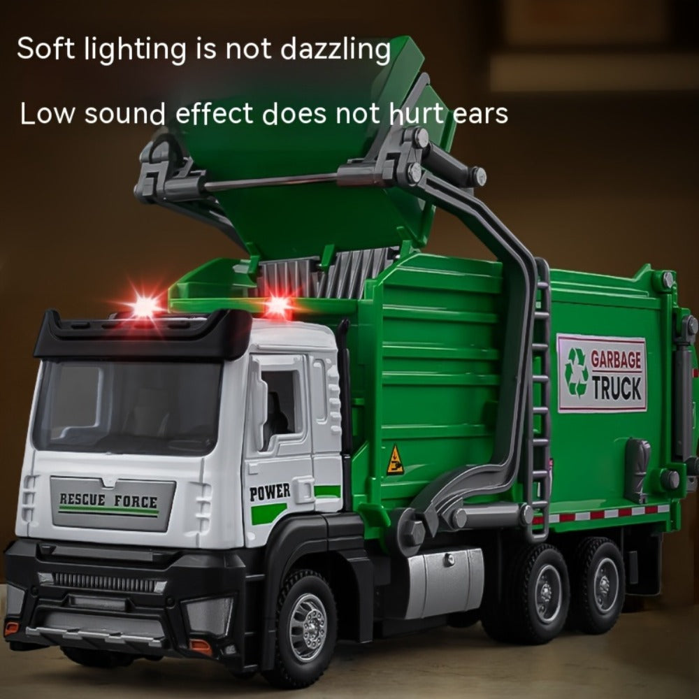 Garbage Truck Toy with 4 Trash Bins Lights and Sound, Recycling Sorting Sanitation Truck Model with Lifting Dumping Action, Educational Vehicle Toy for Kids Ages 3-8, Birthday Gift for Boys Girls