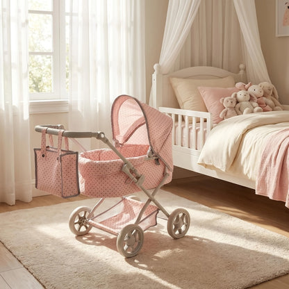 3-in-1 Baby Doll Stroller Set Pink – Foldable Pram with Removable Bassinet & Carry Bag for 14-24 Inch Dolls, Swivel Wheels Adjustable Handle, Role Play Nursery Gift for Girls Ages 3-12