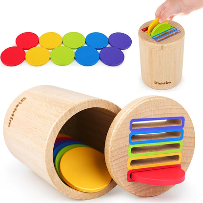 Wooden Color Sorting Coin Box Toy for Toddlers 1+ – Montessori Educational Sensory Learning Toy with 10 Colorful Blocks & Storage Bag, Fine Motor & Hand-Eye Coordination Toy, Christmas Gift for Boys & Girls