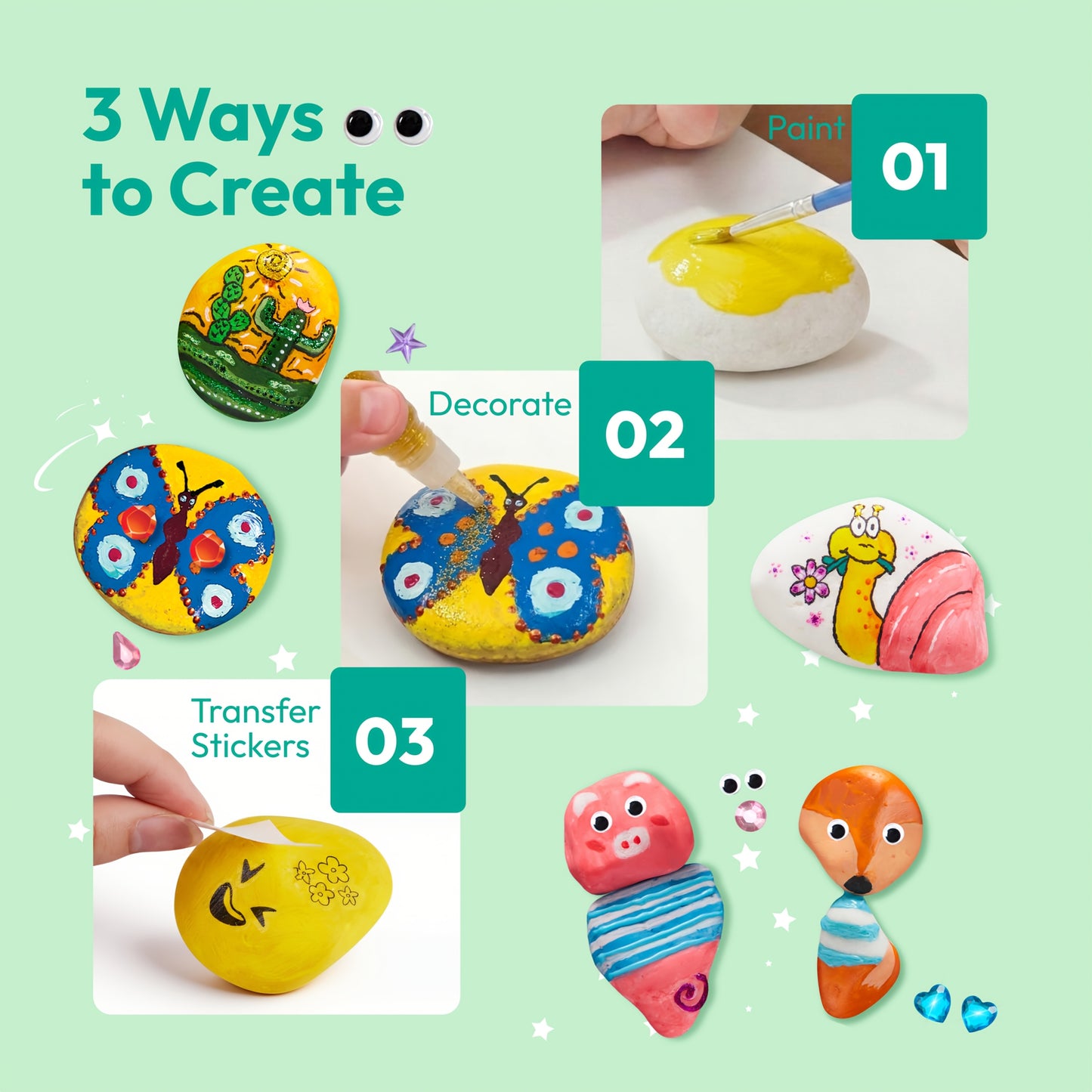 [Easter Christmas Birthday] 10pcs Rocks Painting Kit for Kids, Arts and Crafts for Girls & Boys Ages 6+, DIY Supplies for Painting Rocks, Easter Craft Kits Art Set, Children Birthday Christmas Presents, Family Indoor Activity