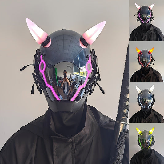 Electric Pink Punk Cosplay Mask with Helmet – Battery-Powered LED Full Face Mask for Halloween, Christmas, Easter, Rave Music Festival & Party, Unisex Adult Costume Prop, Cool Gift for Men & Women