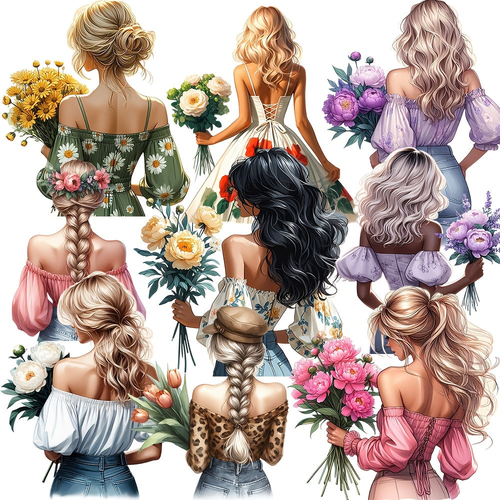 Stickers for Journals Featuring Girls with Floral Backgrounds in Two Styles, Including Artistic Cut-Out Stickers