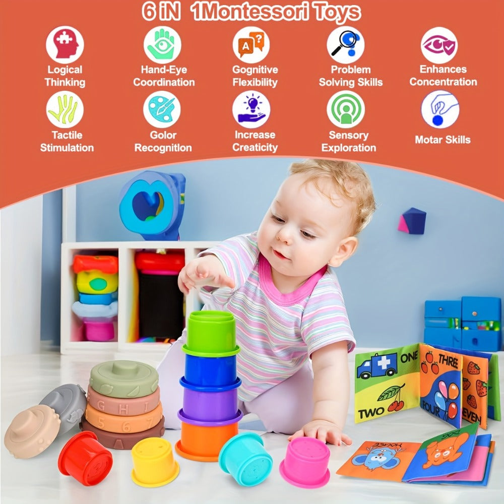 3-in-1 Sensory Stacking Toy Set for Toddlers – Hand-Eye Coordination & Fine Motor Skills Activity Kit with Soft Cloth Book, Spinning Top & Stacking Cups, Birthday Easter Gift for Baby Boys & Girls