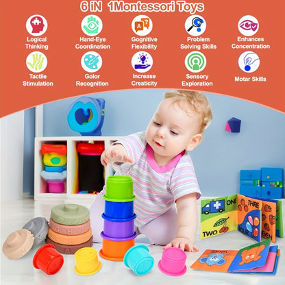3-in-1 Sensory Stacking Toy Set for Toddlers – Hand-Eye Coordination & Fine Motor Skills Activity Kit with Soft Cloth Book, Spinning Top & Stacking Cups, Birthday Easter Gift for Baby Boys & Girls