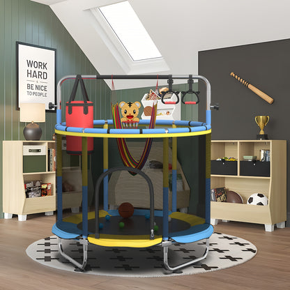 1pc 60" Height Adjustable Trampoline with Enclosure, 440Lbs Capacity Indoor & Outdoor Round Trampoline with Gymnastics Bar & Toys |Height Adjustable Trampoline |Indoor & Outdoor Trampoline