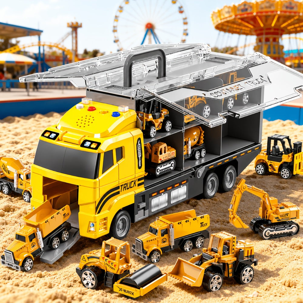 13-in-1 Construction Truck Vehicle Toy Set with Die-Cast Cars & Play Mat – Transport Carrier Truck Playset for Toddlers Kids Ages 3+, STEM Learning, Christmas & Birthday Gift