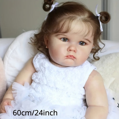 3D-Painted Skin Reborn Baby Doll 24 Inch Cloth Body Soft Vinyl Limbs Hand-Rooted Hair Acrylic Eyes – Lifelike Newborn Girl with Outfit Pacifier Bottle Ear Studs Birth Certificate, Collector Gift Ages 3+