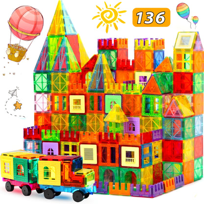 [Birthday Gifts] 80/106/136pcs Magnetic Tiles for Kids, Magnetic Building Blocks With 2 Cars, Magnet Tiles Construction Building Toys, STEM Sensory Toys Birthday Gifts Toys for Kids Boys Girls 3 4 5 6 7 8 9+ Year