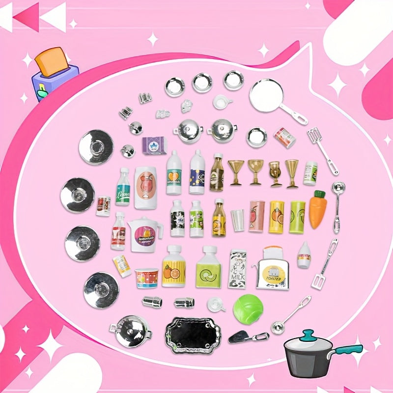 64pcs Pink Kitchen Toys with Lights And Sounds Mini Furniture Sets Doll Playset Toys