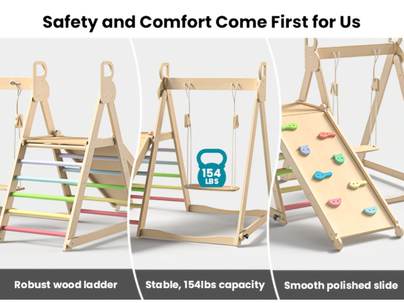 Foldable Indoor Wooden Jungle Gym for Toddlers – 4-in-1 Climbing Frame with Swing, Slide & Ladder | Ages 18M+ | Rainbow & Blue | Kids Indoor Playset for Cognitive Development & Active Play
