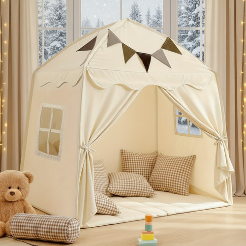 Kids Play Tent Extra Large – Portable Foldable Teepee Indoor Outdoor Dome Playhouse with Flags, Bed Canopy for Boys Girls, Available in Beige Pink Green Brown Cream, 51–59 Inch