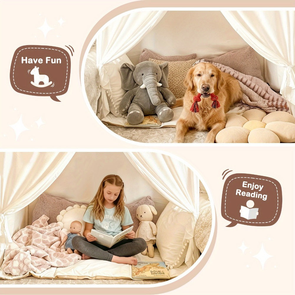 Kids Play Tent Extra Large – Portable Foldable Teepee Indoor Outdoor Dome Playhouse with Flags, Bed Canopy for Boys Girls, Available in Beige Pink Green Brown Cream, 51–59 Inch