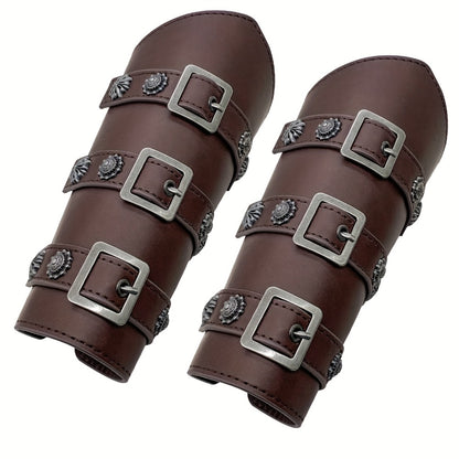 Viking Medieval Leather Arm Guards Bracers – PU Leather Knight Gauntlets Adjustable Metal Buckles Rivets for Men Women Halloween Cosplay LARP Renaissance Fair Stage Costume Dark Brown Khaki Black