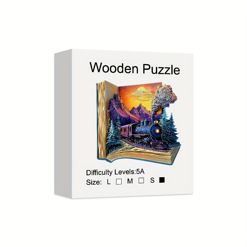 Book Galloping Train Wooden Puzzle for Adults-3D Vision Effect Wooden Puzzles, Unique Shape Pieces Wooden Jigsaw Puzzle, Creative Handmade Decorations, Holiday Gifts Home Decor Family Game