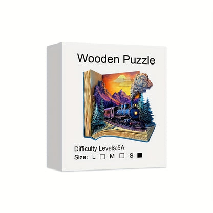 Book Galloping Train Wooden Puzzle for Adults-3D Vision Effect Wooden Puzzles, Unique Shape Pieces Wooden Jigsaw Puzzle, Creative Handmade Decorations, Holiday Gifts Home Decor Family Game