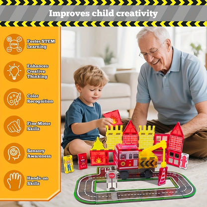 Children's Magnetic Tile Toys, Featuring A Fire Truck And Fire Station, Buildings, Roads, Cranes And Car Toys., Educational Toys, Transportation Toys, Young Builders