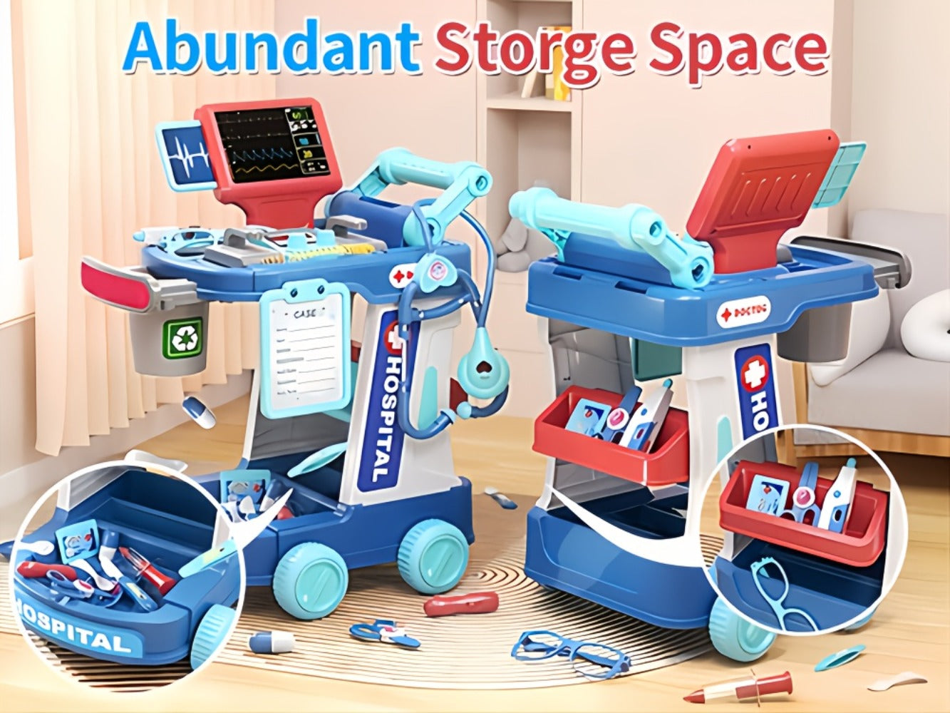 Kids Doctor Kit Medical Cart Set – Movable Toy Trolley with Stethoscope, Thermometer & Medical Accessories, Doctor Nurse Role Play Toy, Birthday Gift for Boys & Girls Ages 3+
