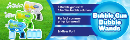 3-Pack Bubble Gun Blower with 3 Pre-Loaded Solution Refills – Hand-Powered, Color-Changing Bubbles, Ergonomic Grip, ASTM Safe, Kids Birthday Party Favor, Easter Egg Hunt, Summer Outdoor Indoor Play