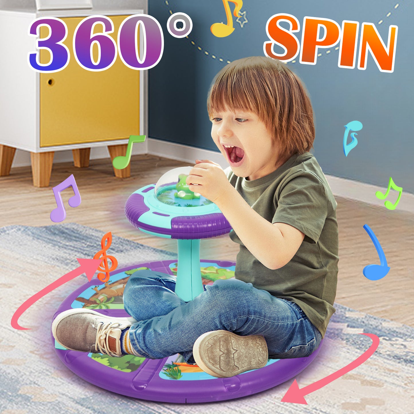 Dinosaur Sit And Spin Toy For Toddlers Girls Ages 18M+, Birthday Gift For Toddler, 360° Spin Seat Indoor Interactive Sensory Toy With Music