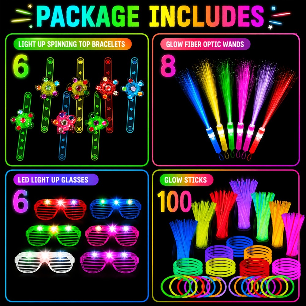 Glow in the Dark Party Supplies 120 Piece Set – Glow Rings, LED Glasses, Glow Sticks & Fiber Optic Hair Clips for Neon Party, Birthday, Wedding, Concert & New Year