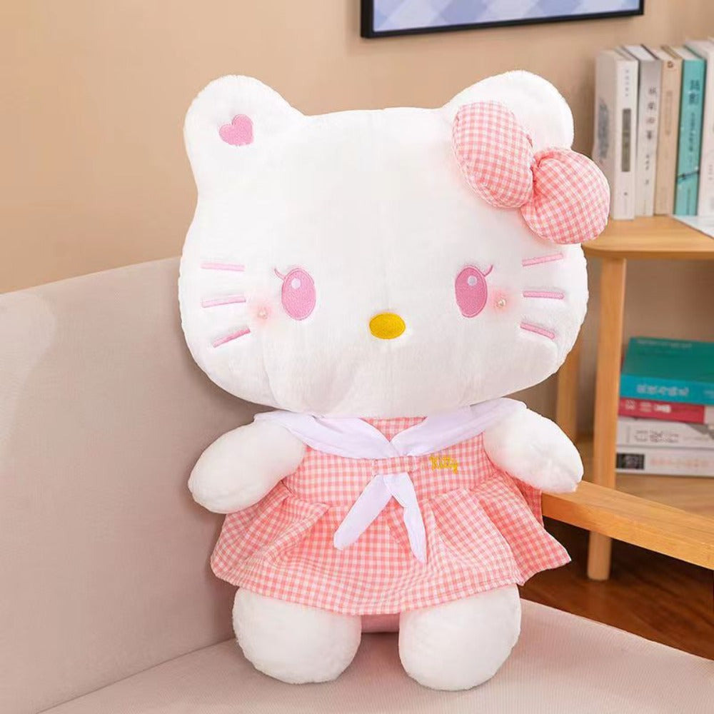 Hello Kitty Oversized Plush Stuffed Toy 13.78 Inch — Sanrio Licensed Dress-Up KT Cat Soft Doll, Kawaii Home Decor & Cuddle Pillow, Birthday Gift for Girls Teens Pink Blue Plaid