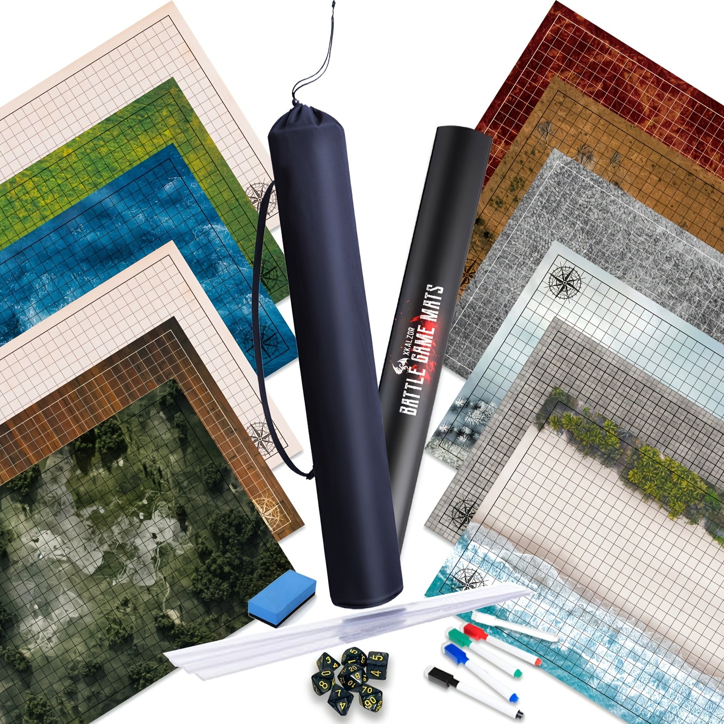 Battle Map, With Dice Accessories, Shoulder Bag, 3 Pack 6 Terrain 24x36, 1 Inch Grids Dry Erase Battle Mats, Lay Flat Easier Clips, Double-Sided DM Tool For Dungeons Role Playing Tabletop Game, 5e, Pathfinder & TRPG Board Games