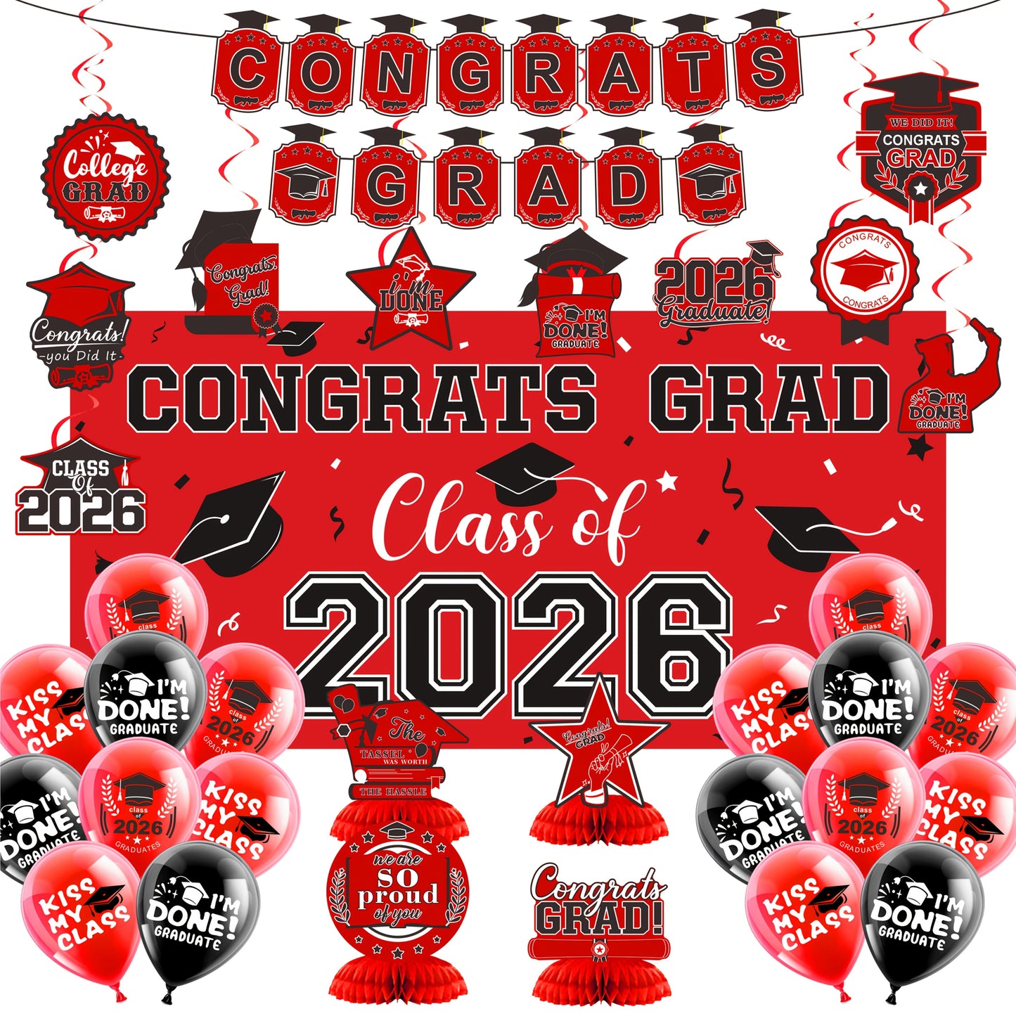 Graduation Decorations Class Of 2026, Golden Themed Graduation Decorations Set, Class Of 2026 Backdrop Banner, Graduation Hanging Swirl, Balloons And Honeycomb Supplies For Graduation Party