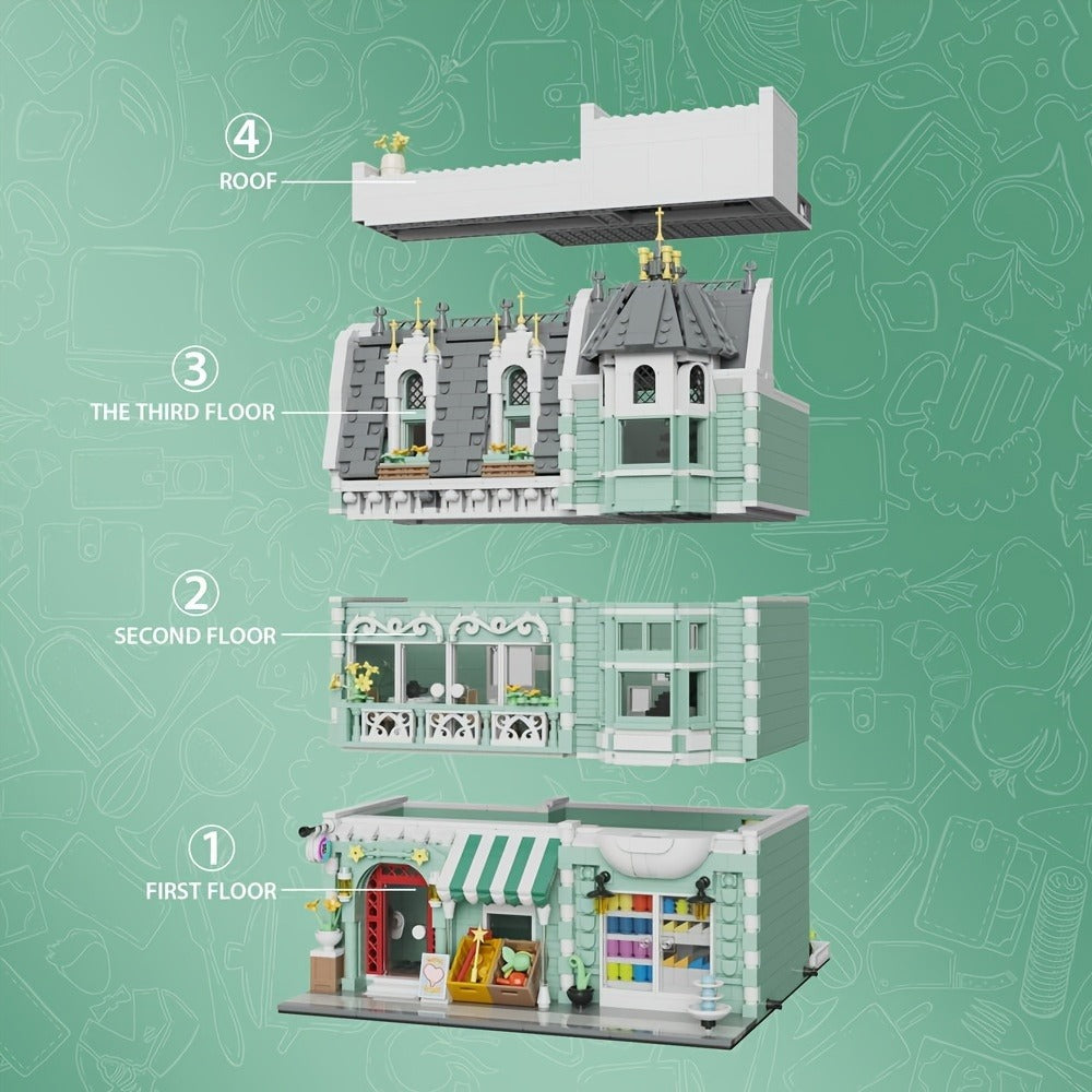Modular City Street Building Blocks Set – European Architecture Scene with Grocery Store & Market Street, 3-Level Mini Brick Model, Creative Assembly Toy for Adults & Teens, Home Decor Display