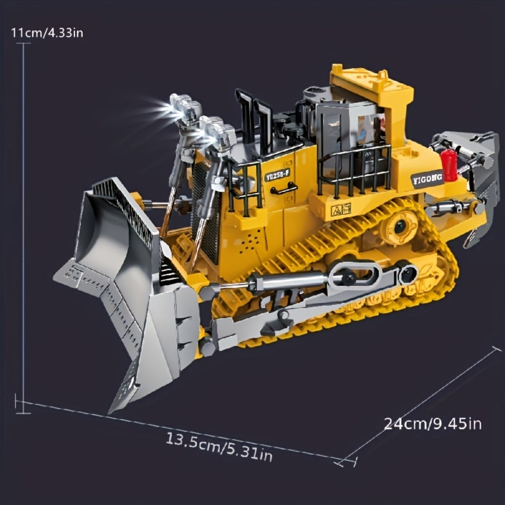 RC Construction Vehicle Toy 2.4GHz Remote Control Excavator Bulldozer Loader with Alloy Metal Cover Lights Sound Effects, Crawler Tractor Truck for Boys Ages 8 and Up, Birthday Gift