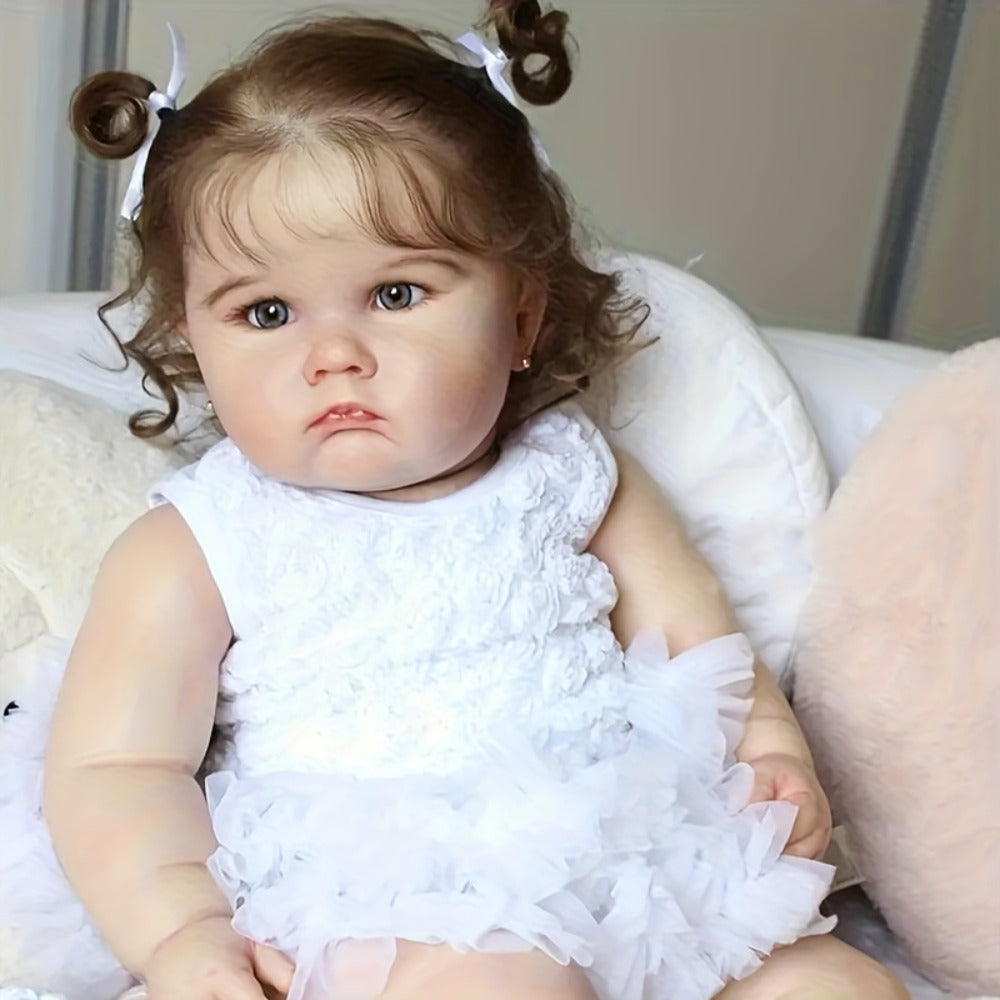 3D-Painted Skin Reborn Baby Doll 24 Inch Cloth Body Soft Vinyl Limbs Hand-Rooted Hair Acrylic Eyes – Lifelike Newborn Girl with Outfit Pacifier Bottle Ear Studs Birth Certificate, Collector Gift Ages 3+