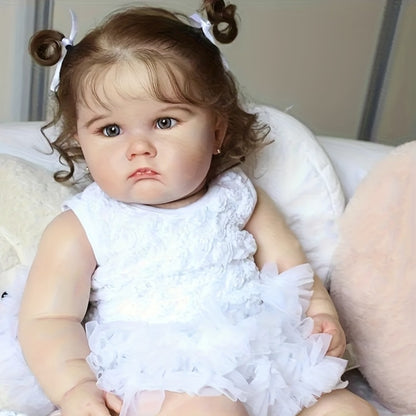 3D-Painted Skin Reborn Baby Doll 24 Inch Cloth Body Soft Vinyl Limbs Hand-Rooted Hair Acrylic Eyes – Lifelike Newborn Girl with Outfit Pacifier Bottle Ear Studs Birth Certificate, Collector Gift Ages 3+