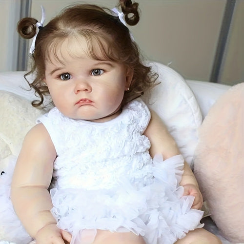 3D-Painted Skin Reborn Baby Doll 24 Inch Cloth Body Soft Vinyl Limbs Hand-Rooted Hair Acrylic Eyes – Lifelike Newborn Girl with Outfit Pacifier Bottle Ear Studs Birth Certificate, Collector Gift Ages 3+