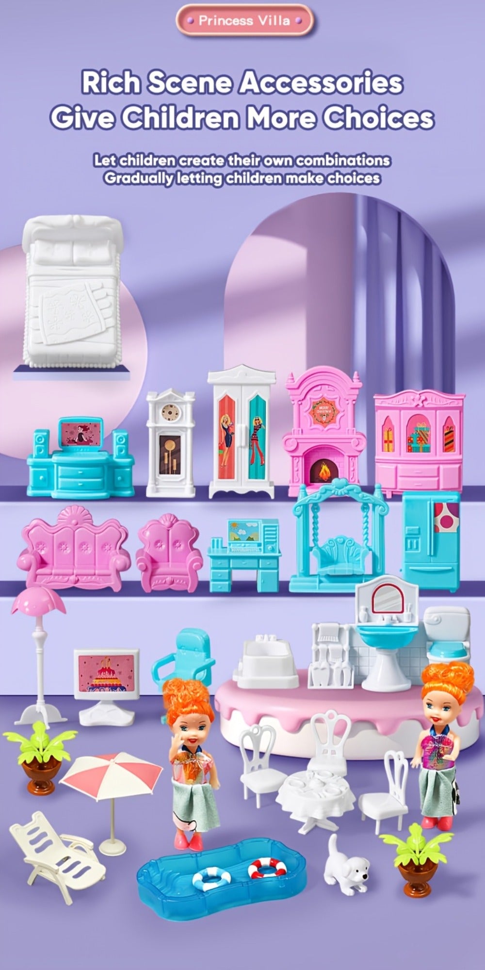 LED Dollhouse Playset for Girls – Purple Multi-Room Playhouse with Doll Figures, Puppies, Furniture & LED Lighting, 6 to 16 Room Options, Creative Imaginative Gift for Girls Ages 3-10 Birthday Christmas