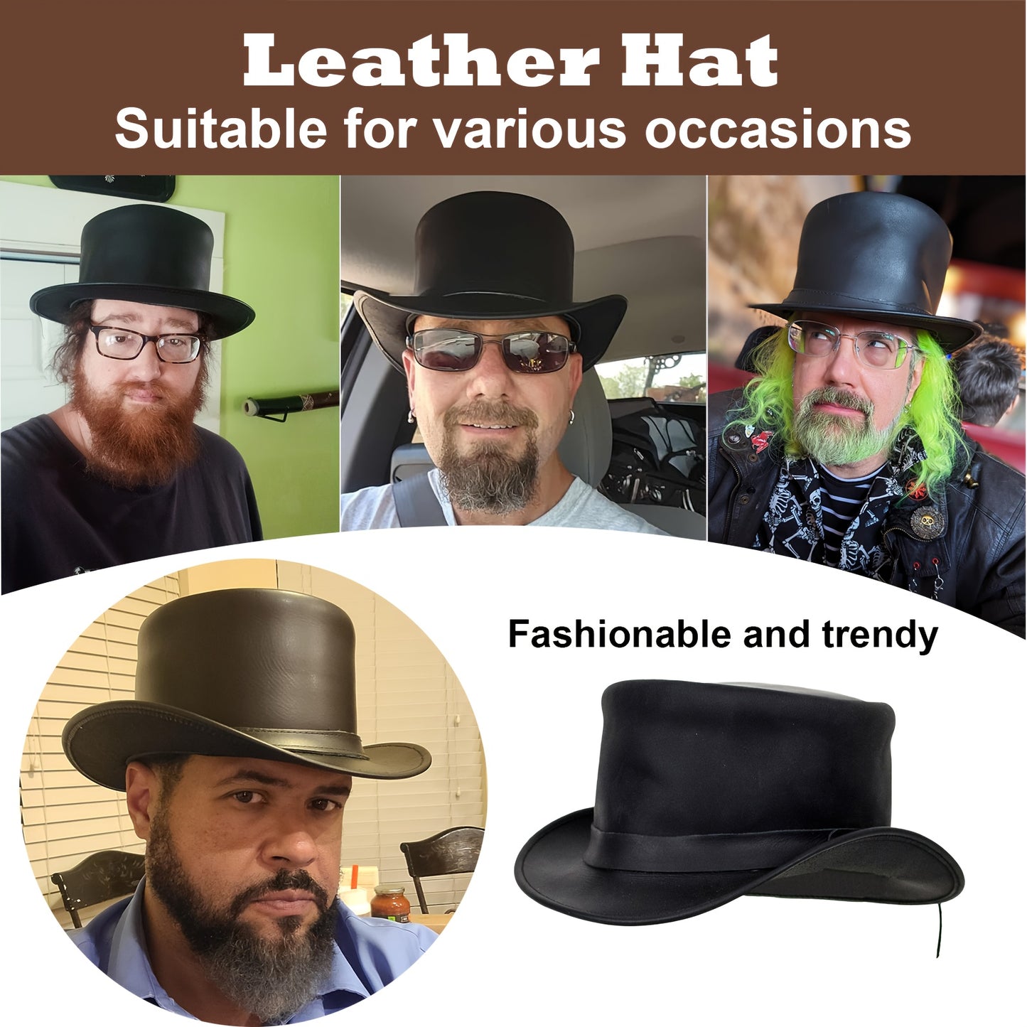 [Genuine Leather Top Hat] Genuine Leather Top Hat - Stylish Gentleman Hat, Adjustable Shapeable Brim, Halloween Costume Topper, Steampunk Hat for Adult, Short Deadman Tophat, Motorcycle Riding Hat, Fashionable Hat for Women and Men
