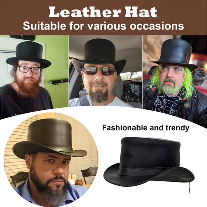 [Genuine Leather Top Hat] Genuine Leather Top Hat - Stylish Gentleman Hat, Adjustable Shapeable Brim, Halloween Costume Topper, Steampunk Hat for Adult, Short Deadman Tophat, Motorcycle Riding Hat, Fashionable Hat for Women and Men
